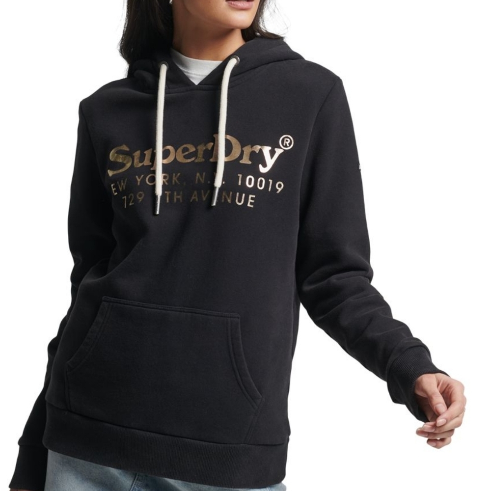 SUPERDRY Women's Black Gold Foil Vintage Venue Classic Pullover Hoodie L